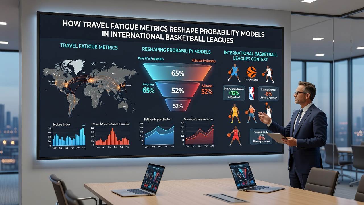 Data analysts reviewing basketball probability models with travel fatigue graphs on multiple screens